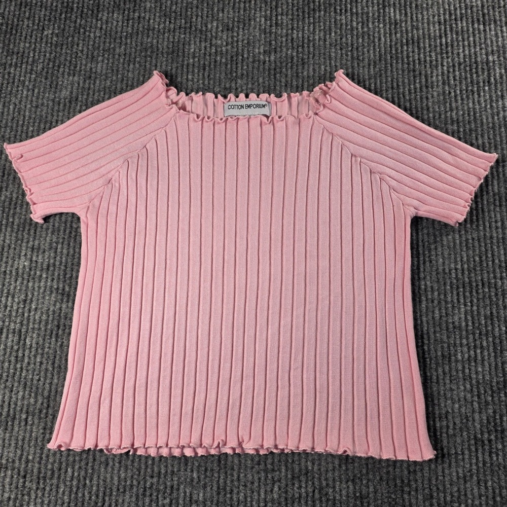 Cotton Emporium Pink Ribbed Lettuce Edge Raglan Short Sleeve Knit‎ Top Large